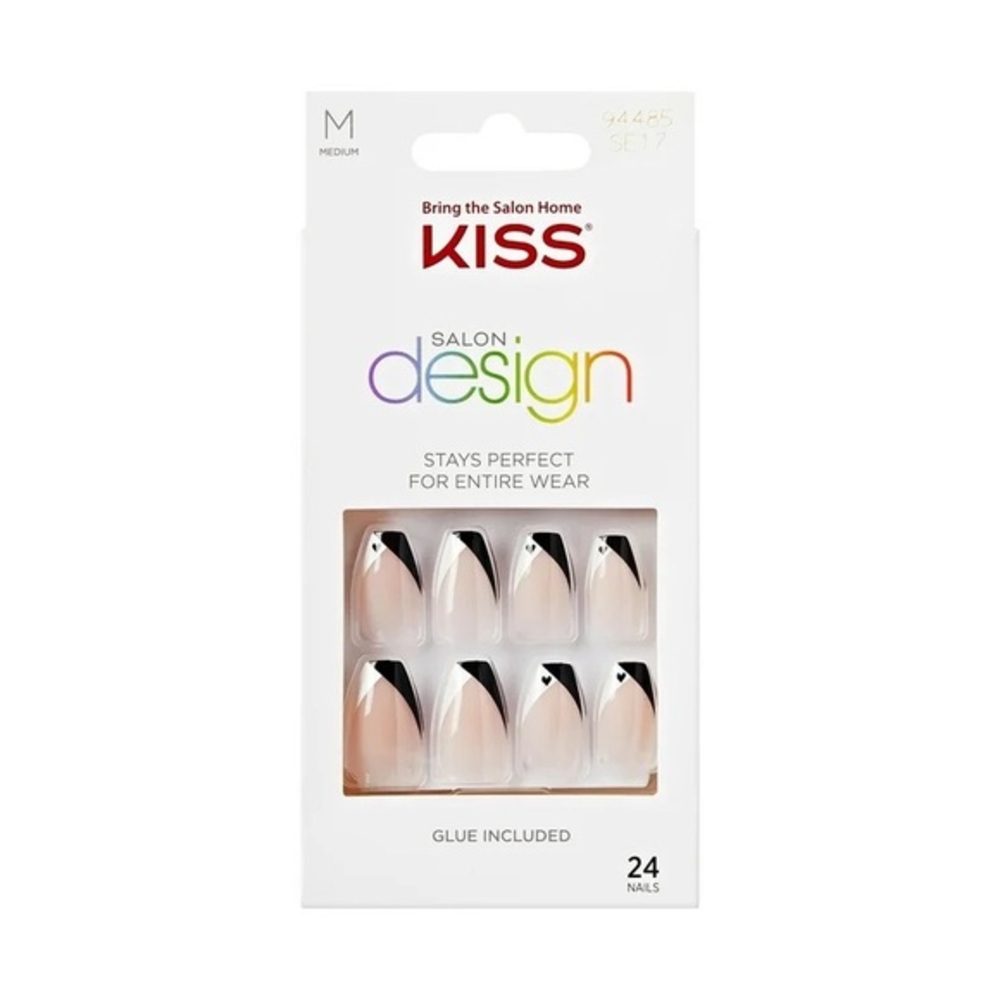 KISS nwt Salon Design, Press On Nails, Splendid, Black, Medium Coffin hearts